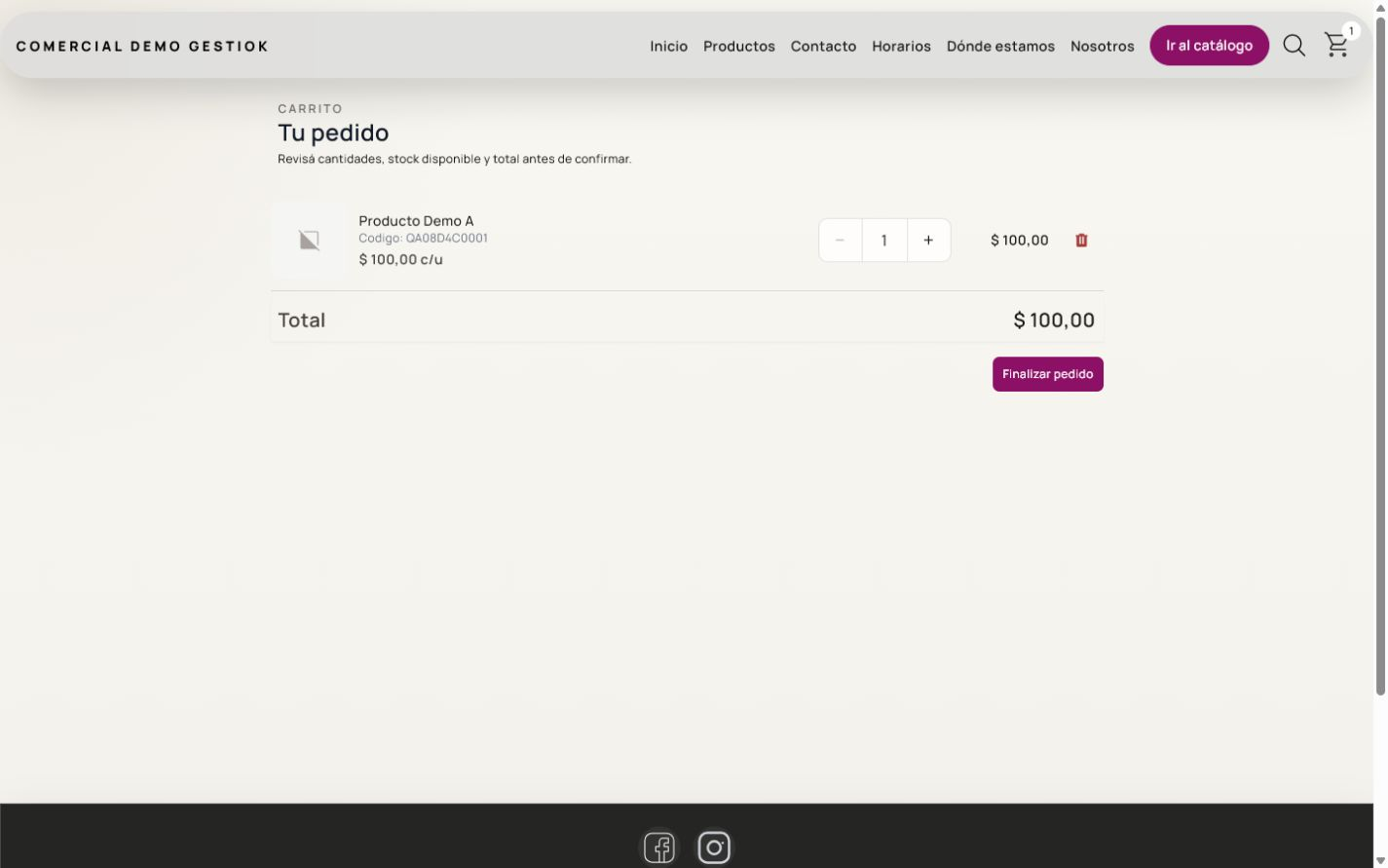Carrito público con Producto Demo A, cantidad, precio, total y acción Finalizar pedido.