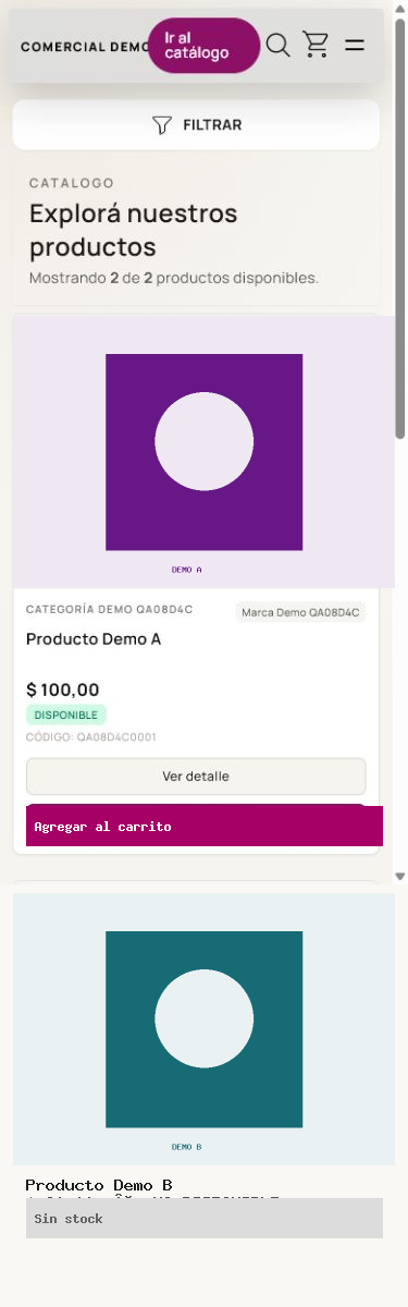 Catálogo público en móvil con Producto Demo A, Producto Demo B, imágenes, precios, disponibilidad y la acción Agregar al carrito.